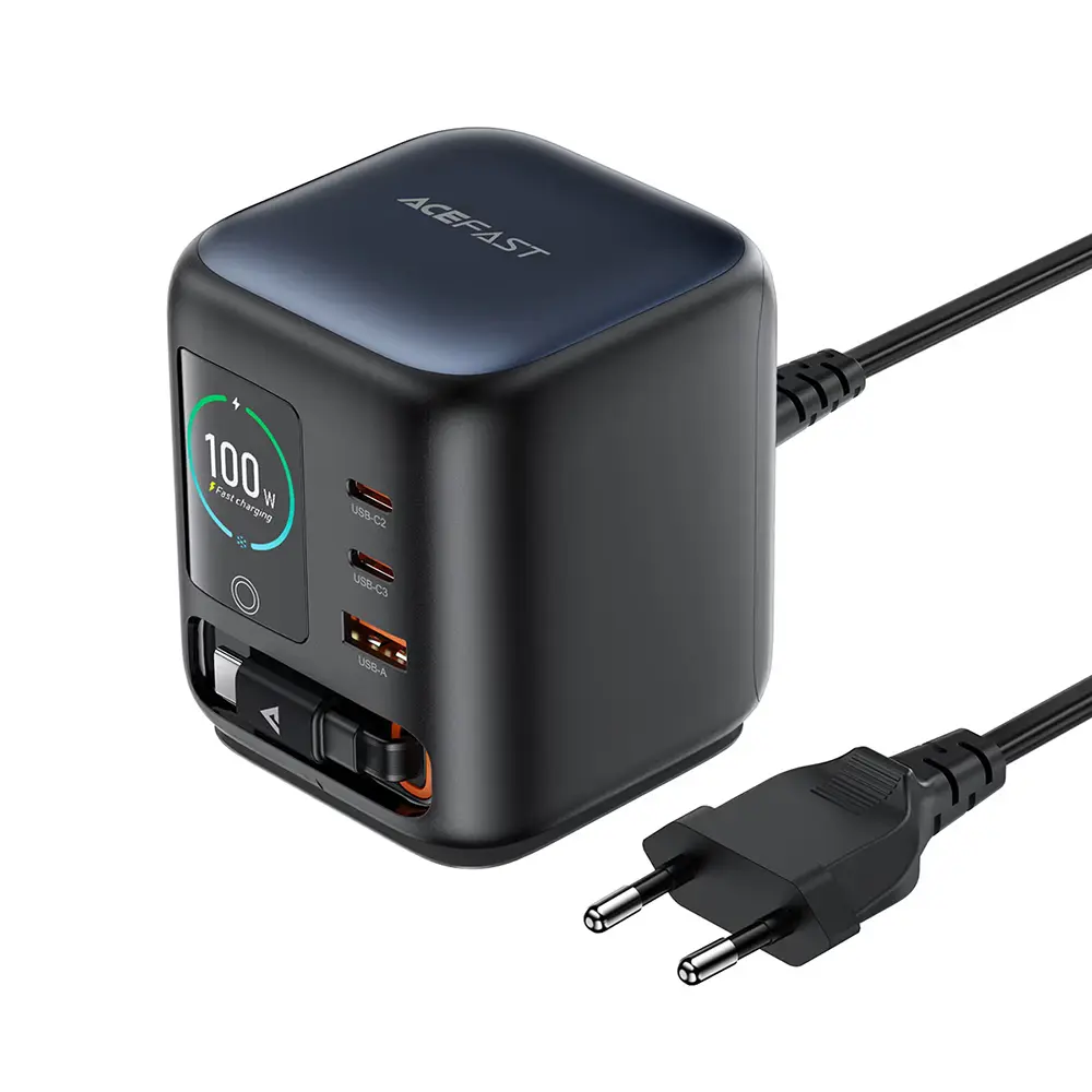 Acefast Stolní napájecí stanice (Z10), 3x USB-C, USB, GaN PD 100 W, výsuvný USB-C kabel, černá