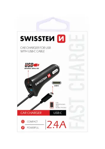 Nabíječka do auta Swissten USB-C (Type C) 2.4A černá 22200