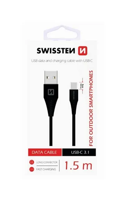 Datový kabel Swissten pro outdoorové smartphony USB-C (Type-C) 1,5m černý 36890