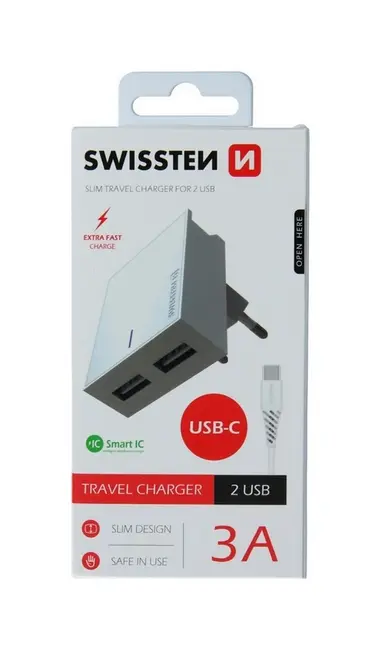 Nabíječka Swissten USB-C (Type-C) Dual Smart IC 3A bílá 46701