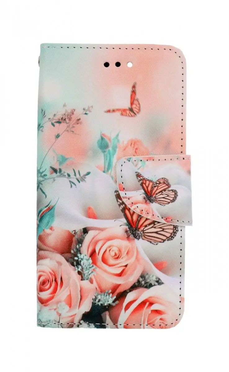 Pouzdro TopQ iPhone SE 2020 knížkové Růže s motýlem 62576