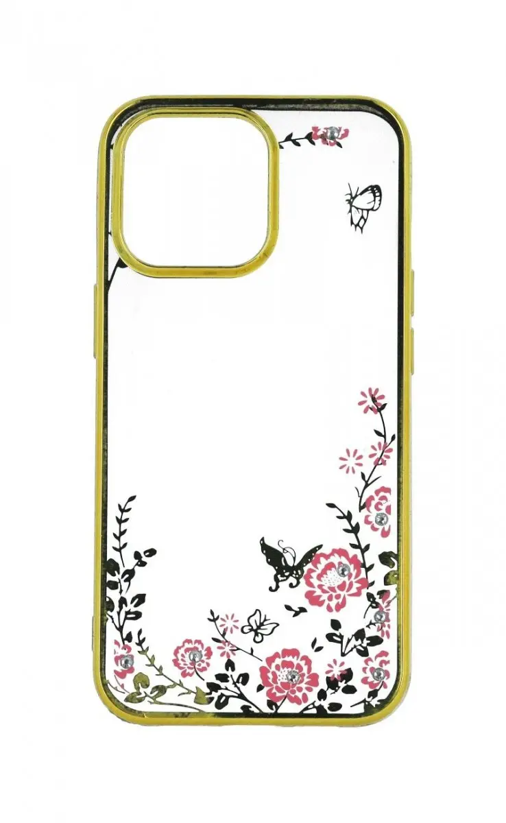 Kryt TopQ iPhone 13 Pro Max silikon zlatý s růžovými květy 67828