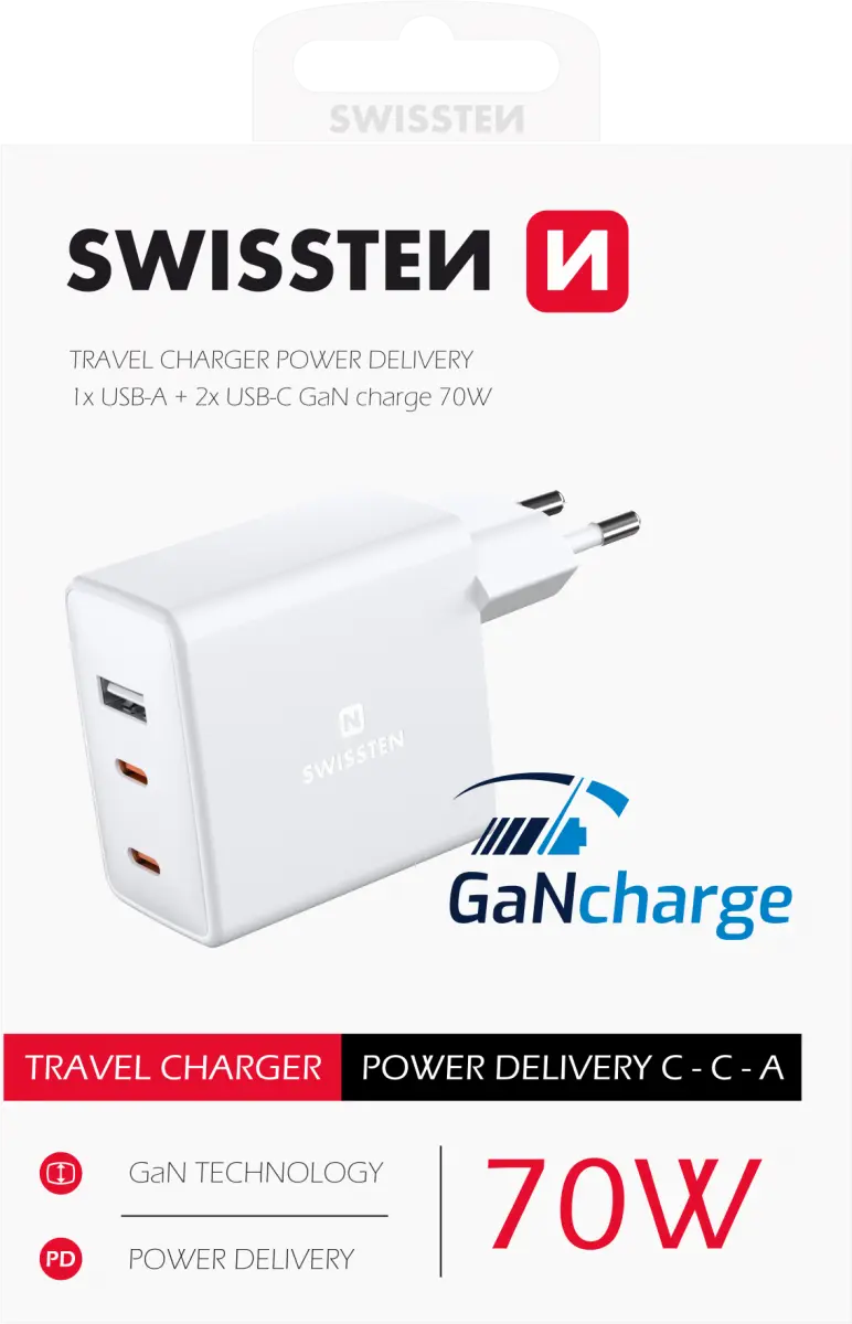 Swissten síťový adaptér gan 2x usb-c + 1xusb 70w