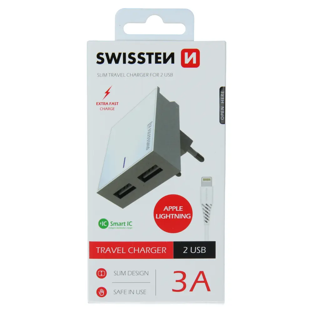 Swissten síťový adaptér smart ic 2x usb 3a power + datový kabel usb / lightning 1,2 m bílý