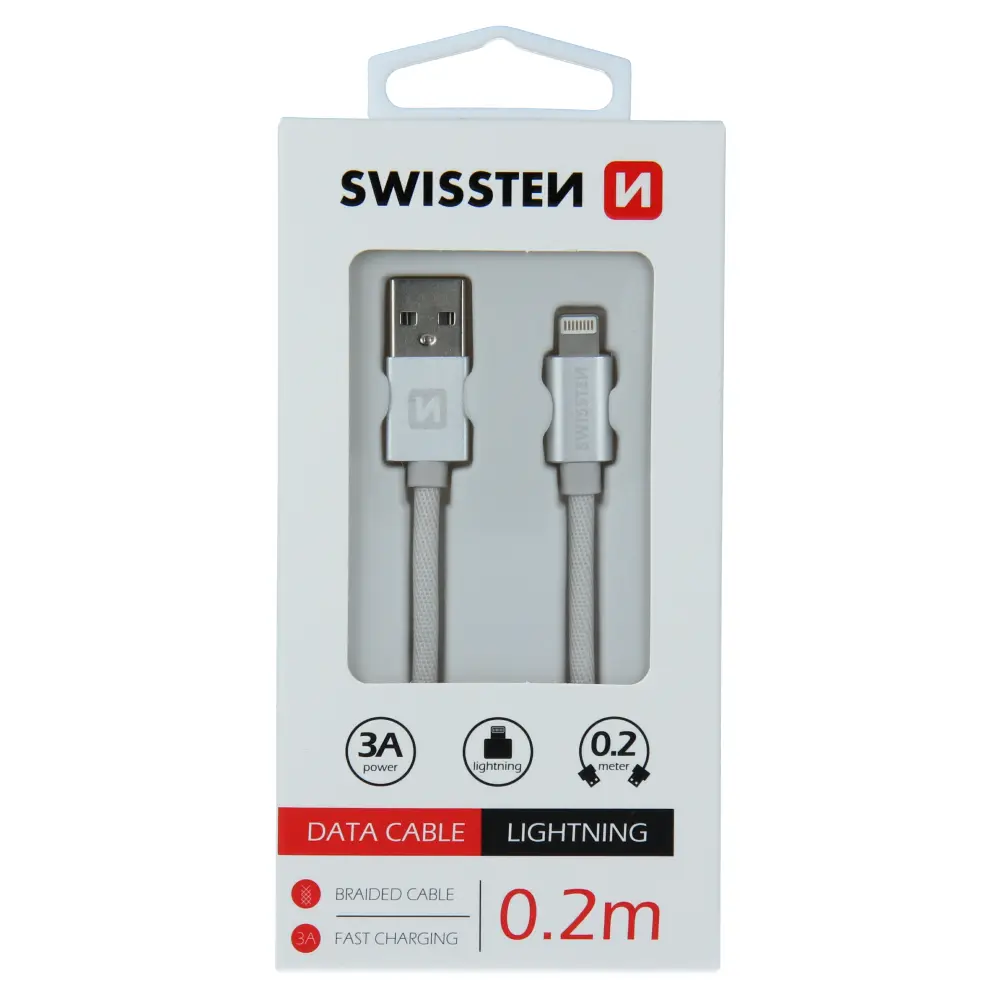 Datový kabel swissten textile usb / lightning 0,2 m stříbrný