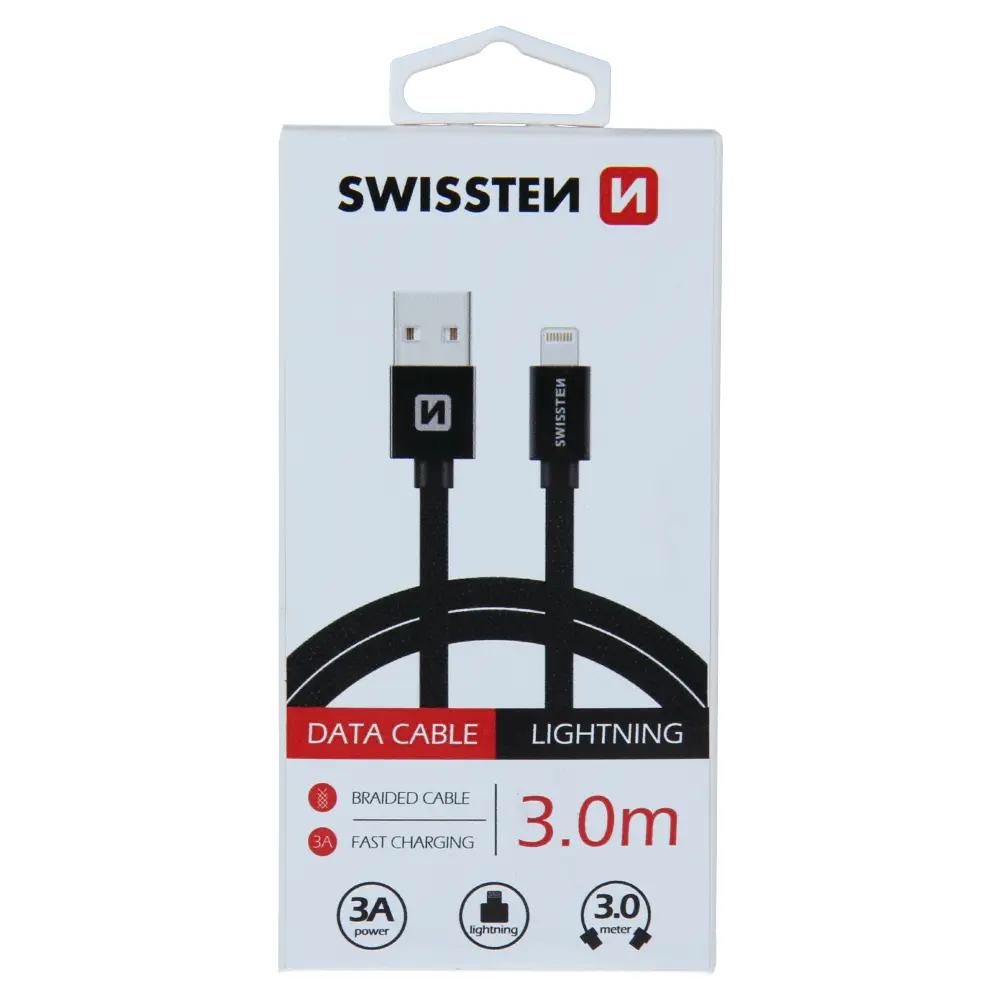 Datový kabel swissten textile usb / lightning 3,0 m černý