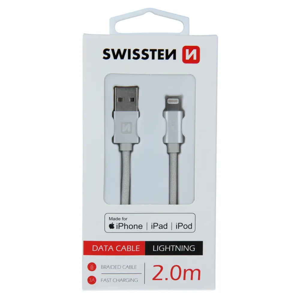 Datový kabel swissten textile usb / lightning mfi 2,0 m stříbrný