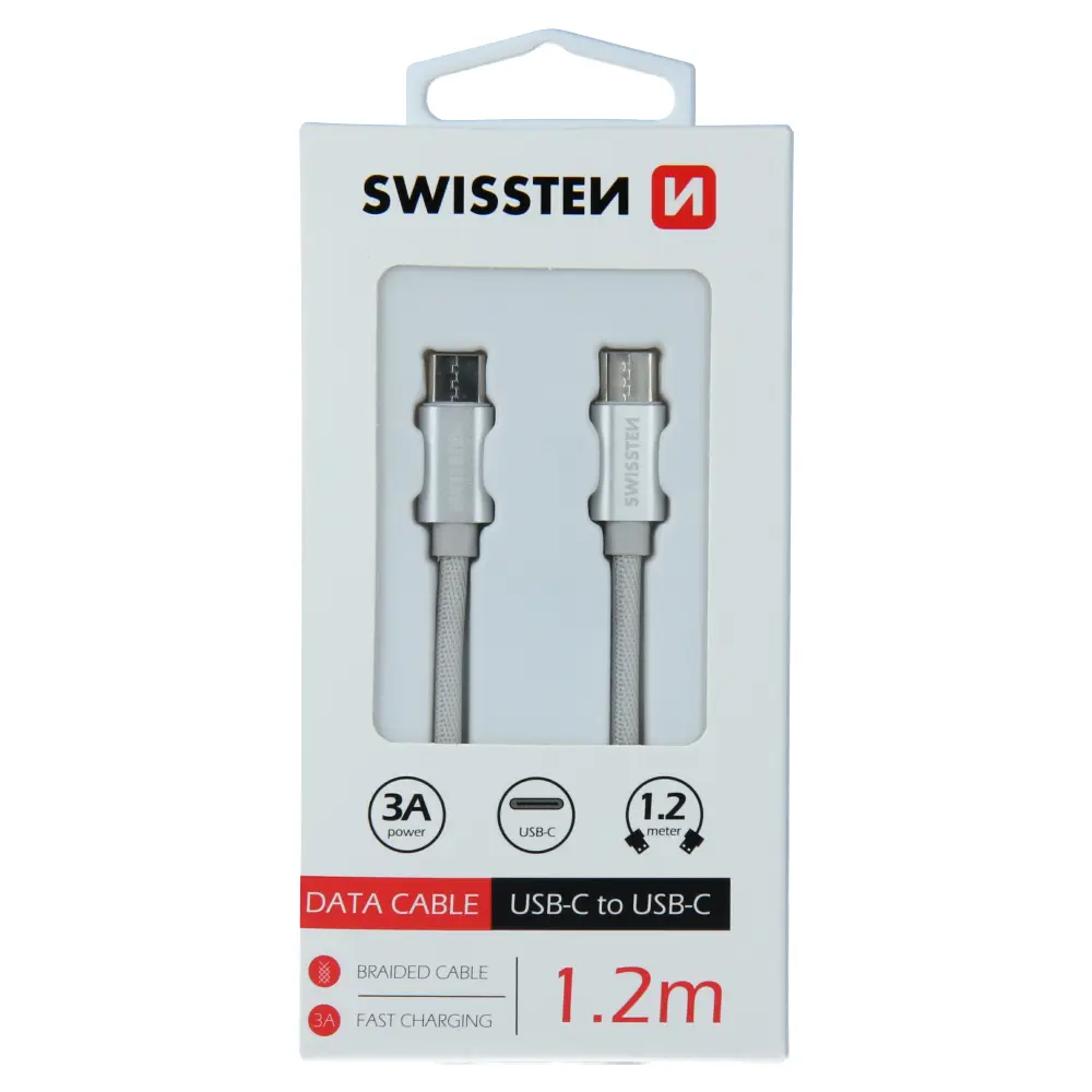 Datový kabel swissten textile usb-c / usb-c 1,2 m stříbrný