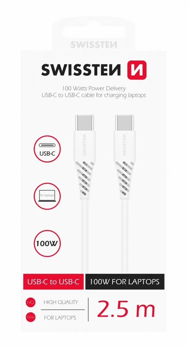 DATOVÝ KABEL SWISSTEN TPE USB-C/USB-C POWER DELIVERY 5A (100W) 2,5 M BÍLÝ 71506530