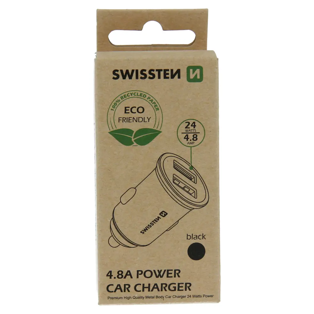Swissten cl adaptér 2x usb 4,8a metal černý (eco balení)