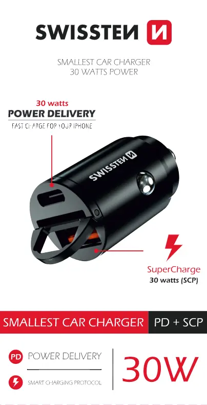 Swissten cl adaptér power delivery usb-c + super charge 3.0 30w nano černý
