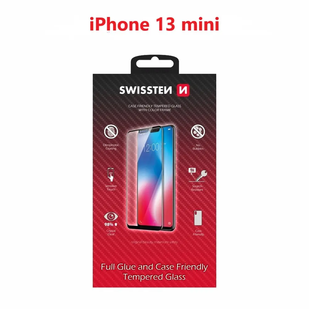 Sklo swissten full glue, color frame, case friendly apple iphone 13 mini černé