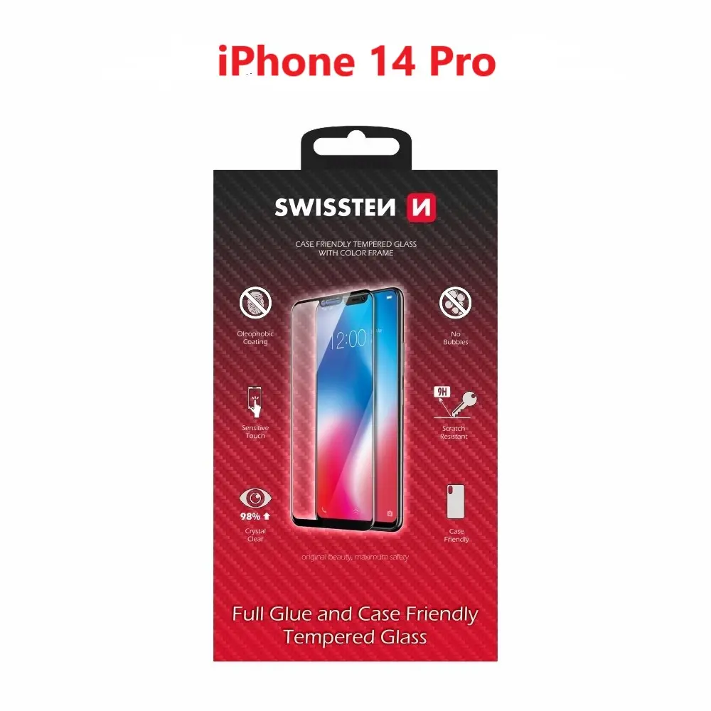 Sklo swissten full glue, color frame, case friendly apple iphone 14 pro černé