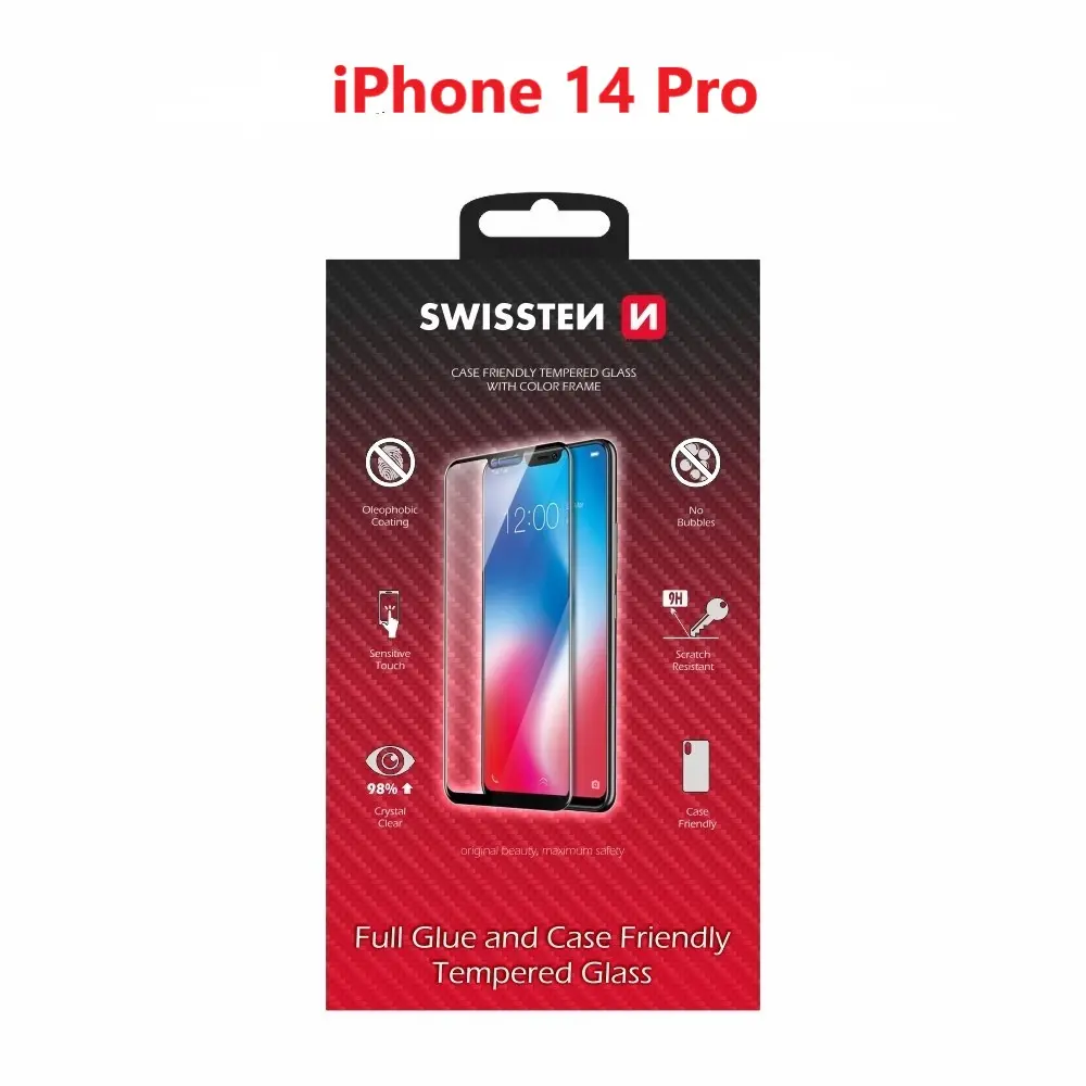 Sklo swissten full glue, color frame, case friendly apple iphone 14 pro max černé