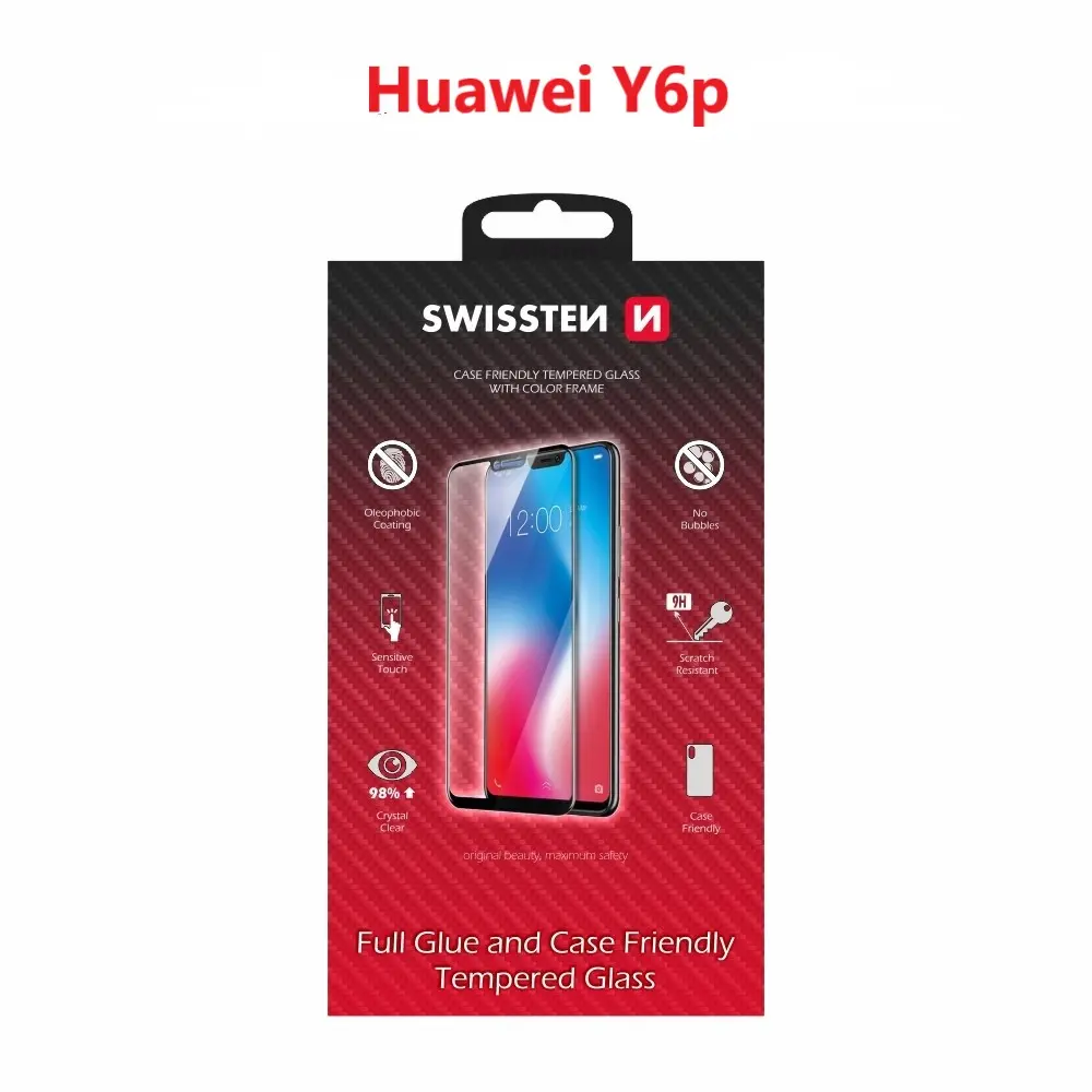 Sklo swissten full glue, color frame, case friendly huawei y6p černé