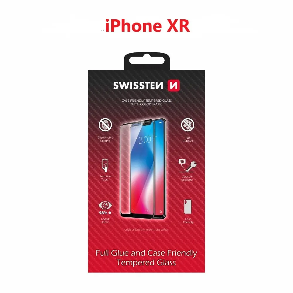 Sklo swissten full glue, color frame, case friendly apple iphone xr černé