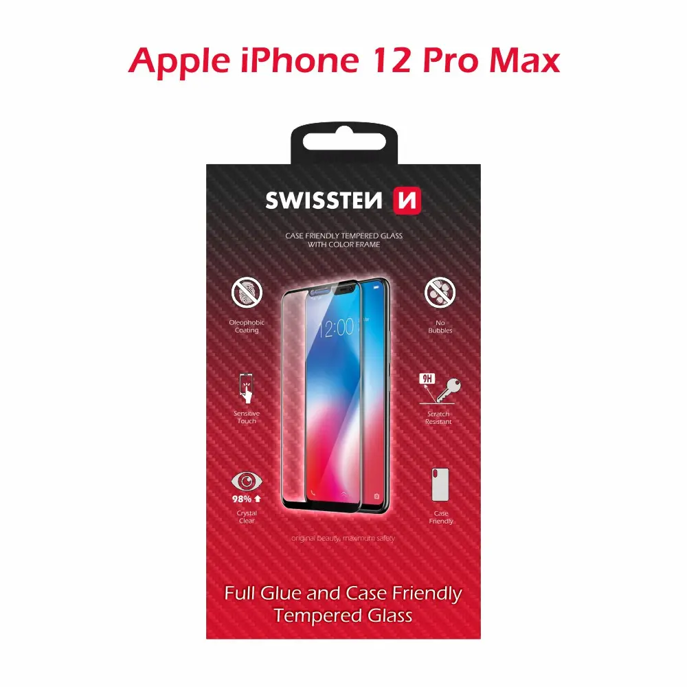 Sklo swissten full glue, color frame, case friendly apple iphone 12 pro max černé
