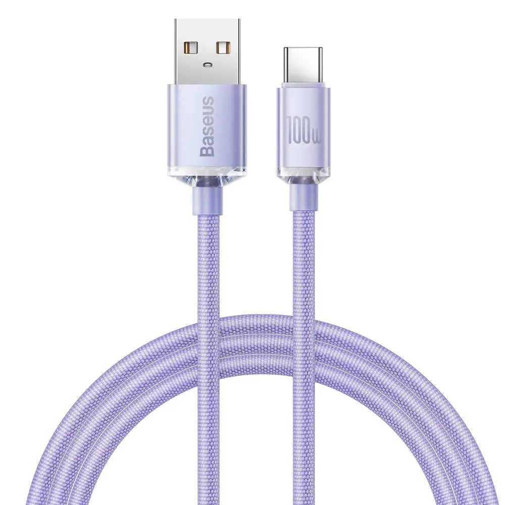 Datový kabel Crystal Shine (CAJY000405) – USB na Type-C, 100W, 1.2m, super rychlé nabíjení, nylonové opletení – fialový