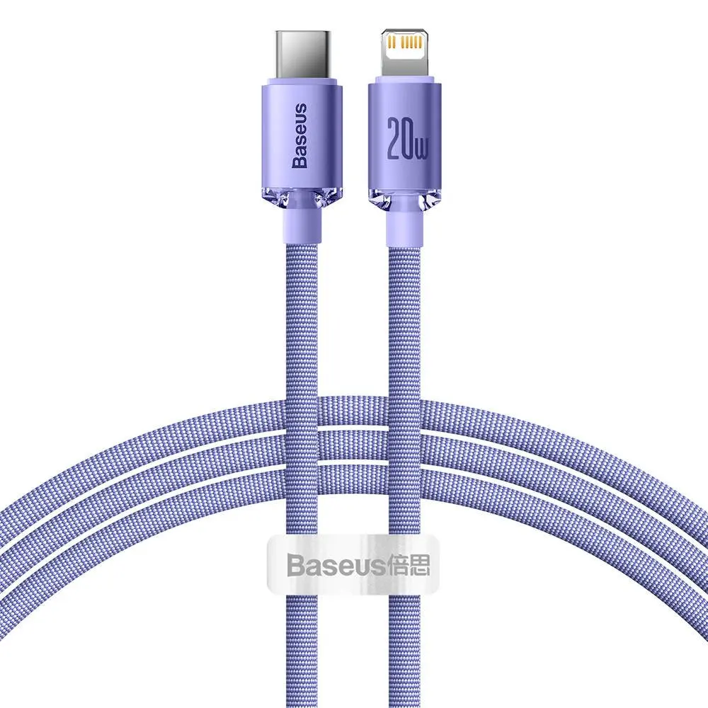 Datový kabel Baseus Crystal Shine (CAJY000205) – Type-C na Lightning, 20W, 1.2m, nylonový oplet – fialový