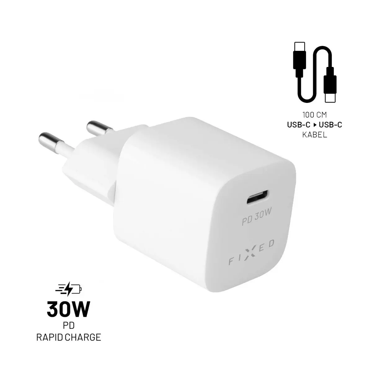 Set síťové nabíječky FIXED Mini s USB-C výstupem a USB-C/USB-C kabelu, podpora PD, 1 metr, 30W, bílý FIXC30M-CC-WH