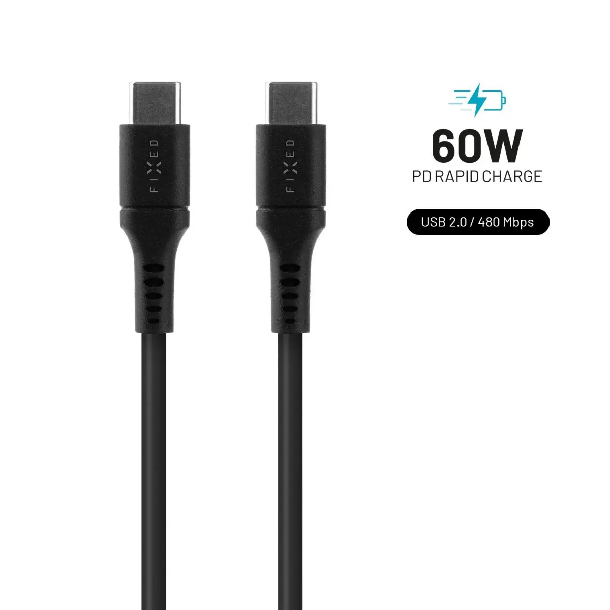 Nabíjecí a datový Liquid silicone kabel FIXED s konektory USB-C/USB-C a podporou PD, 1.2m, USB 2.0, 60W, černý