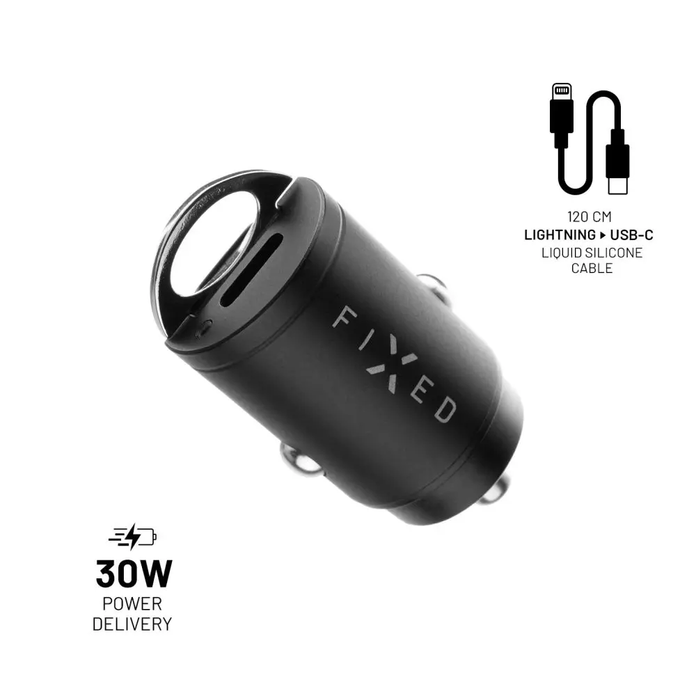 Set autonabíječky FIXED s 2xUSB-C výstupem a USB-C/Lightning kabelu, podpora PD, 1,2 metr, MFI, 30W, černý