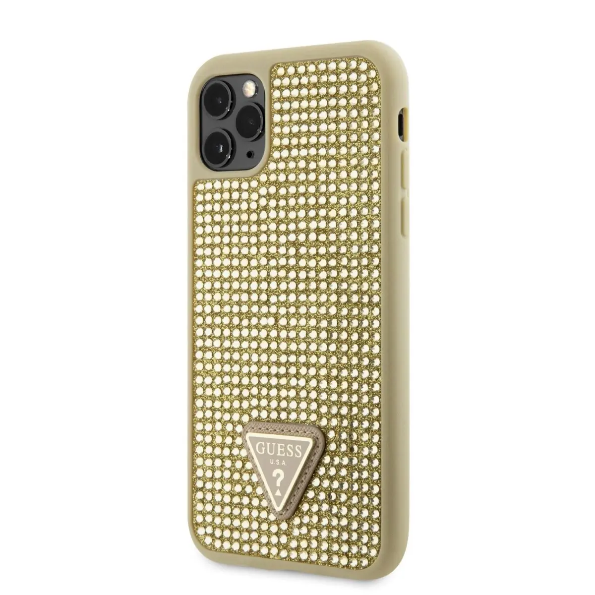 Zadní kryt Guess Rhinestones Triangle Metal Logo na iPhone 11 Pro zlatý
