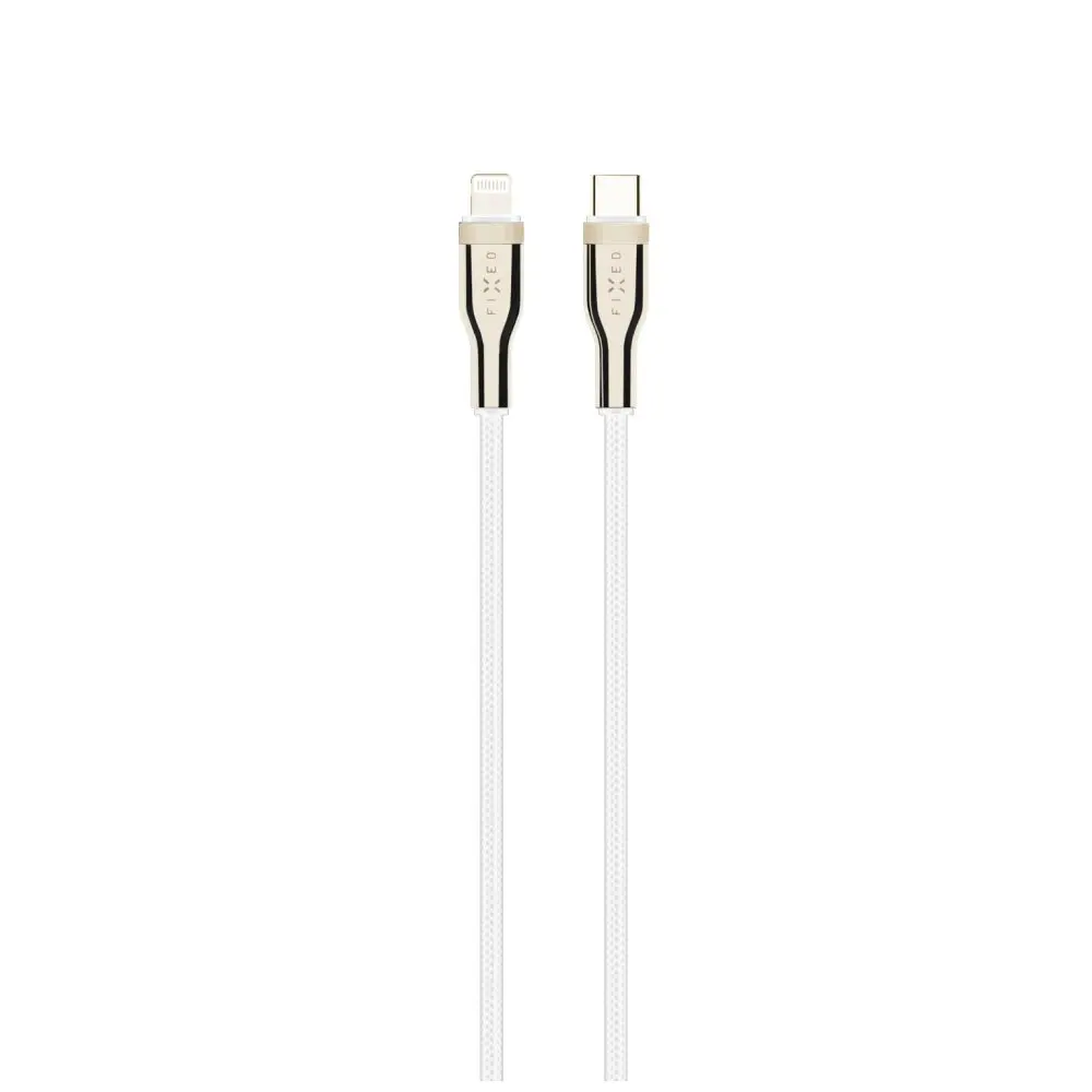 Nabíjecí a datový opletený kabel FIXED s konektory USB-C/Lightning a podporou PD, 1.2 m, MFI, bílý