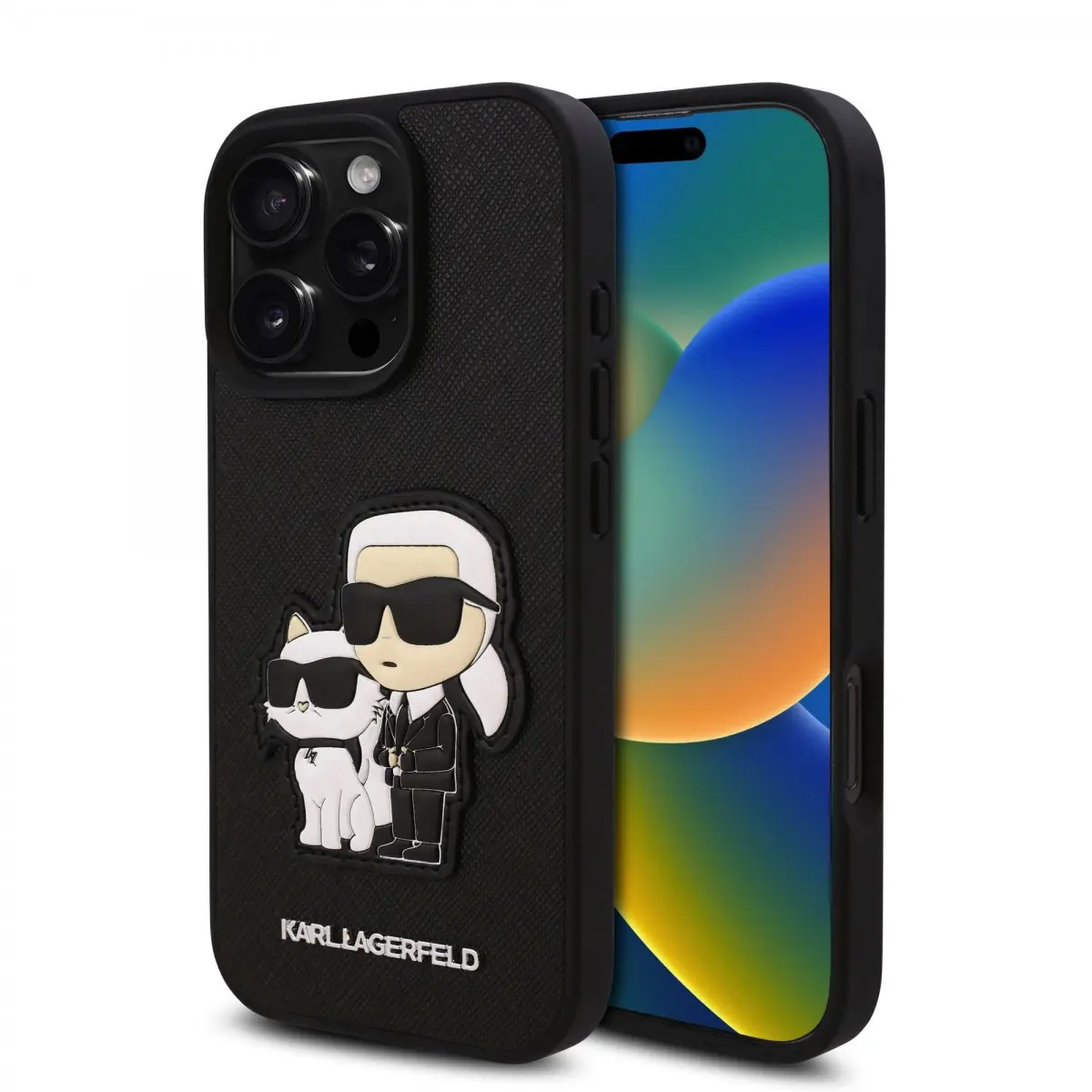 Zadní kryt Karl Lagerfeld PU Saffiano Karl and Choupette pro iPhone 16 Pro Black