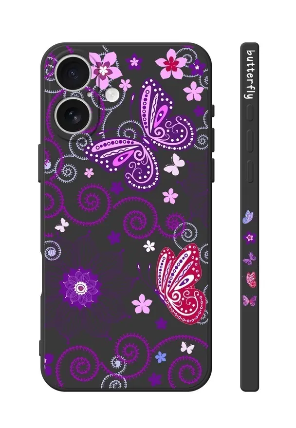 Kryt TopQ Design iPhone 16 Fialoví motýlci černý 130737