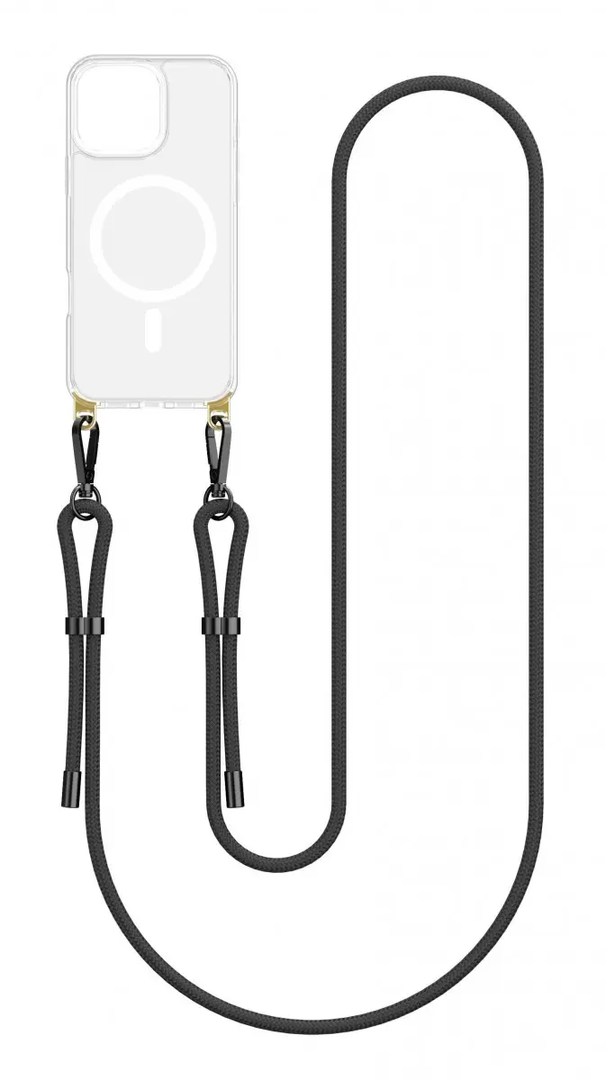 Kryt TopQ Strap Mag iPhone 16 Pro s černou šňůrkou průhledný 131060