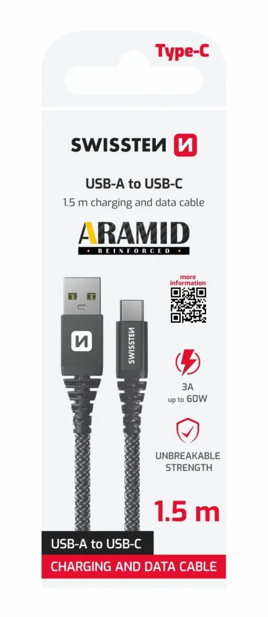 DATOVÝ KABEL SWISSTEN KEVLAR USB / USB-C 1,5 M ANTRACIT 71541010