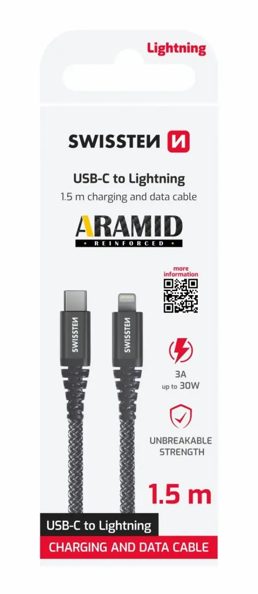 DATOVÝ KABEL SWISSTEN KEVLAR USB-C / LIGHTNING 1,5 M ANTRACIT 71544010