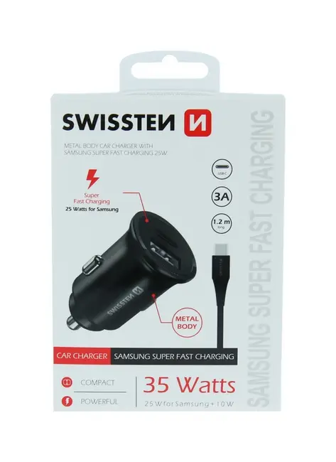 Rychlonabíječka do auta Swissten 35W Dual včetně USB-C datového kabelu černá 75280