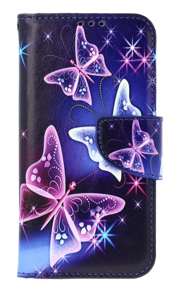 Pouzdro TopQ iPhone 13 knížkové Modré s motýlky 66338