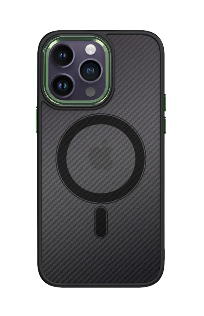 Kryt Tel Protect Magnetic Carbon iPhone 14 Pro pevný tmavý se zeleným rámečkem 97583