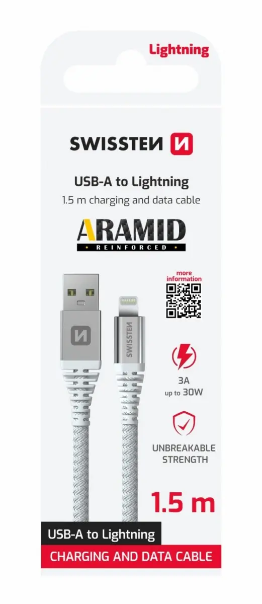 Datový kabel Swissten ARAMID REINFORCED USB-A - Lightning 1,5 m bílý