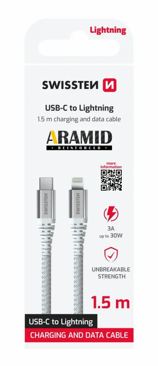 Datový kabel Swissten ARAMID REINFORCED USB-C - Lightning 1,5 m bílý