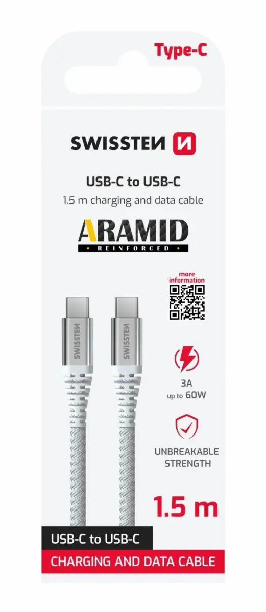 DATOVÝ KABEL SWISSTEN KEVLAR USB / USB-C 1,5 M BÍLÝ 71541011