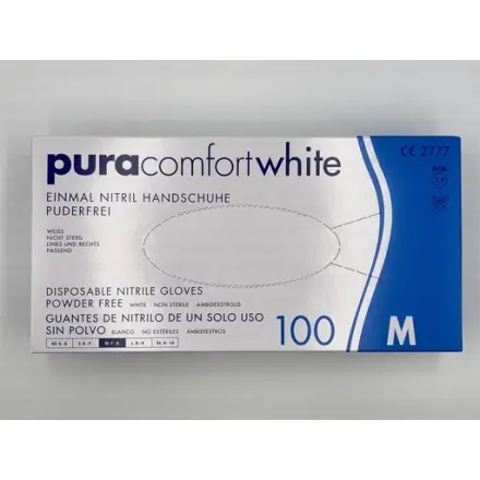 PURA COMFORT Nitrilové vyšetřovací jednorázové bezprašné rukavice velikost M, bílá, 100 ks