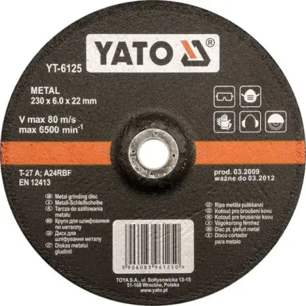 Yato Kotouč brusný na kov 125 x 22 x 6,0 mm vypouklý, YT-6124