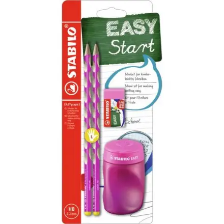 STABILO EASYgraph Slim školní set L pro leváky - růžová (2×tužka HB, ořezávátko, pryž)