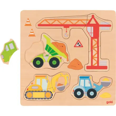 Puzzle pro nejmenší - Na desce, Stavební auta, 12ks (Goki)