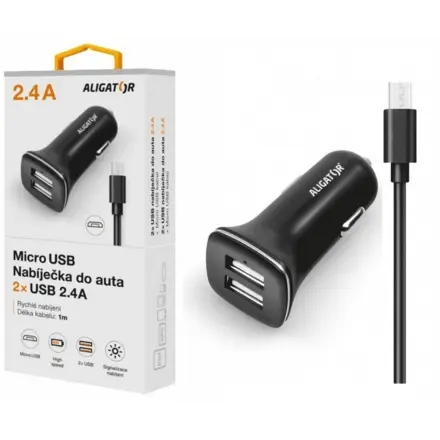 Aligator nabíječka do auta Turbo charge, 12/24 V, 2, 4 A, microUSB, 2x USB výstup, černá