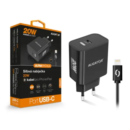 Chytrá síťová nabíječka ALIGATOR Power Delivery 20W, USB-C kabel pro iPhone/iPad, černá