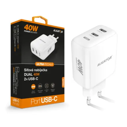 Chytrá síťová nabíječka ALIGATOR Power Delivery 40W, 2xUSB-C, bílá, CHPD0023