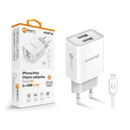 Chytrá síťová nabíječka ALIGATOR 2,4A, 2xUSB, smart IC, bílá, USB kabel pro iPhone/iPad