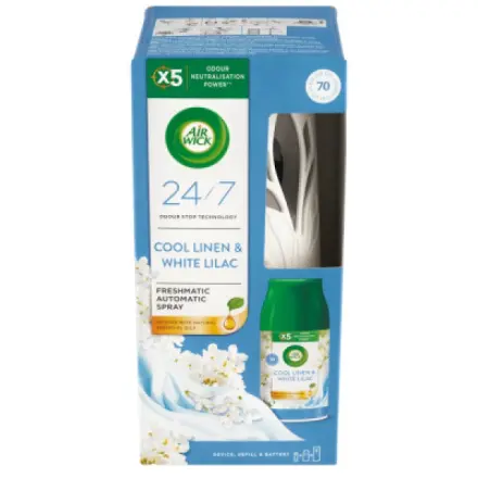 Air Wick komplet sada Cool Linen & White Lilac (strojek bílý + náplň Vůně svěžího p 250ml)
