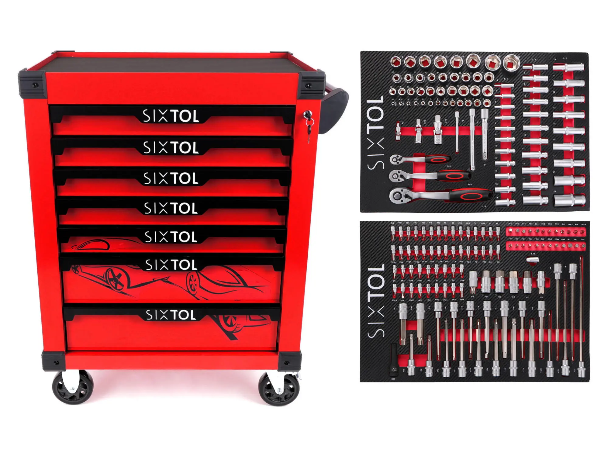Sixtol Dílenský vozík na nářadí MECHANIC TROLLEY KEVIN RED 182, 7 šuplíků, 182 ks nářadí