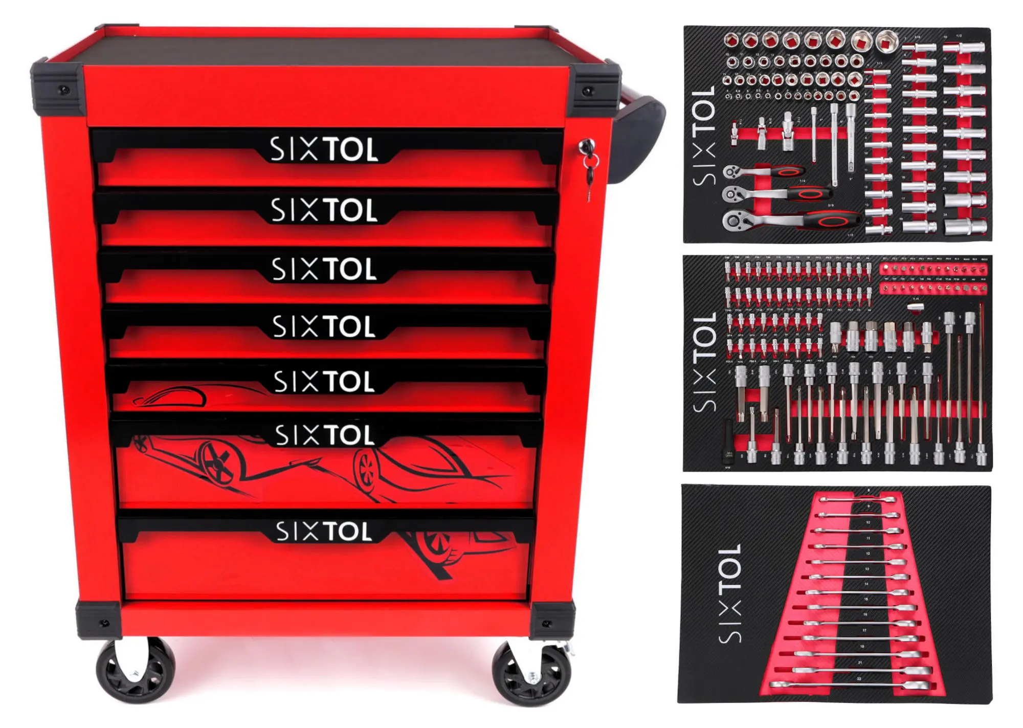 Sixtol Dílenský vozík na nářadí MECHANIC TROLLEY KEVIN RED 195, 7 šuplíků, 195 ks nářadí